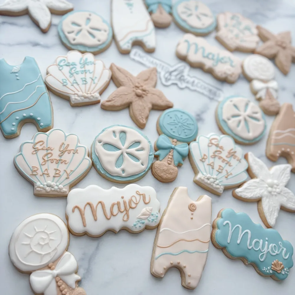Detailed tier example: Sea You Soon Baby beach baby shower cookie set