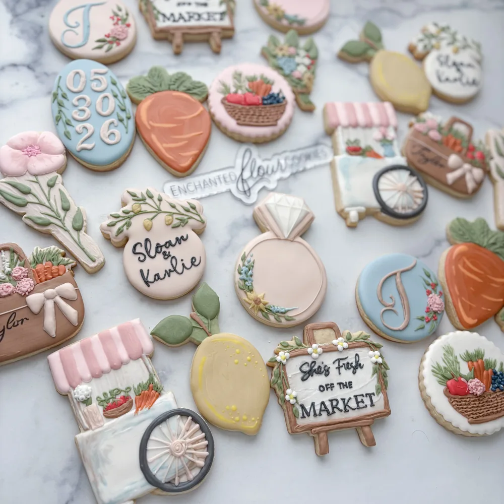 Intricate tier example: Farmers market She's Fresh Off the Market engagement cookie set