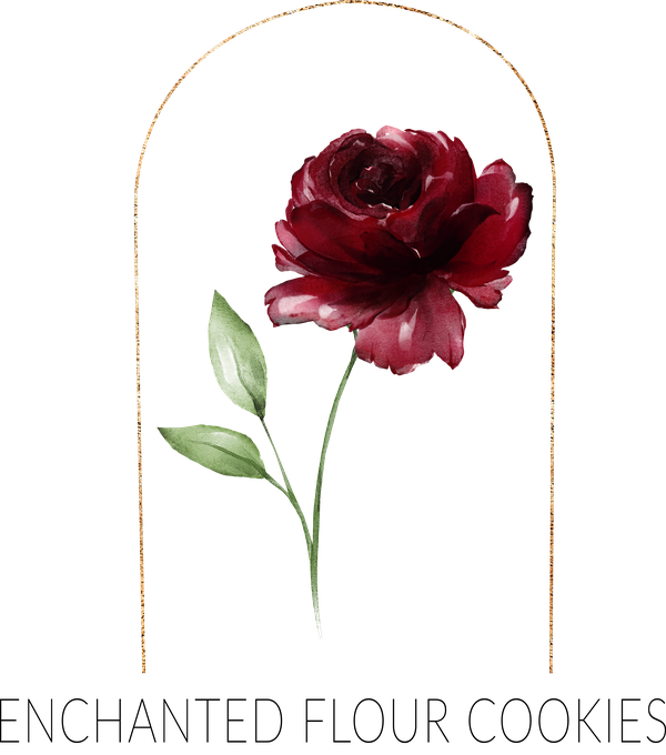 Enchanted Flour Cookies: a watercolor crimson peony inside a gold arch